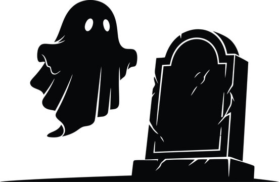 Cute cartoon ghost floating beside a cracked ancient graveyard headstone vector illustration