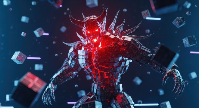 Futuristic Cybernetic Monster with Glowing Red Eyes in Digital Space.