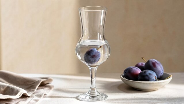  Crystal glass filled with clear plum schnapps and whole fruits, natural light. 