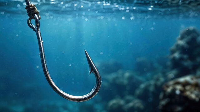 Close-up of a metallic fish hook submerged in clear blue water. 
