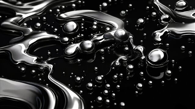 Liquid mercury droplets rolling on a black surface, forming shimmering spheres.