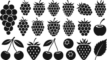 Fresh berry icon set featuring black silhouettes of grapes raspberries blackberries cherries strawberries blueberries and leaves for organic fruit food market graphic vector design © RONI