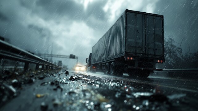 Wet highway at night with overturned semitruck wreckage and emergency scene conveying truck accident lawyer assistance and legal claim urgency.