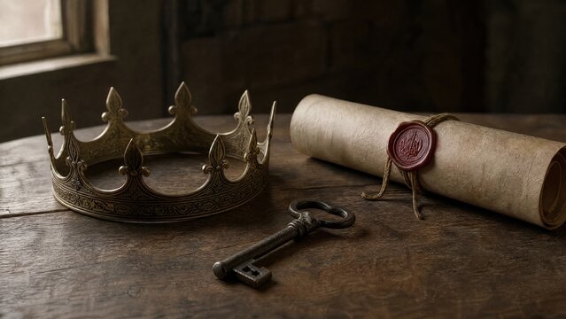 Noble crown, ancient key, and sealed scroll arranged on oak table in soft light. 