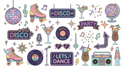 Retro Disco Party Vector Clipart Set with Disco Balls Roller Skates Neon Stars and Music Elements