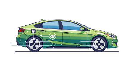 Fototapeta premium Green electric car charging with futuristic technology on white background