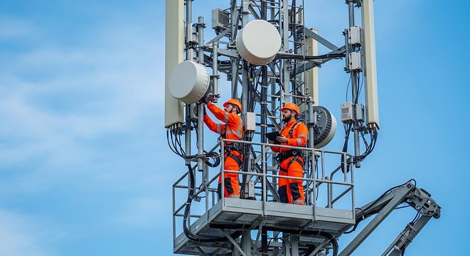 Technicians working on a telecommunications tower