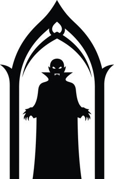 Gothic vampire silhouette standing under a haunted castle archway vector illustration