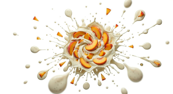 Dynamic thick cream splash colliding with fresh peach slices isolated on white
