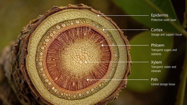  Cross-section of a plant stem revealing its internal vascular structure, organic detail. 
