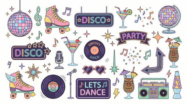 Retro Disco Party Vector Clipart Set with Disco Balls Roller Skates Neon Stars and Music Elements