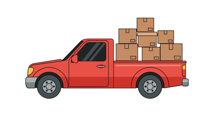 Red Pickup Truck Loaded with Cardboard Boxes - Delivery and Moving Concept © Azrha