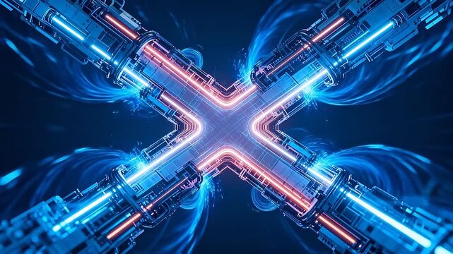 Sci-fi mechanical X-shape device with orange glowing pipelines and dark industrial background