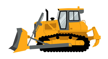 Obraz premium Yellow Bulldozer Machine on White Background, Construction Vehicle Vector Illustration
