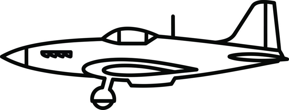 Black line of a vintage fighter jet airplane, side view vintage plane black line aircraft military plane