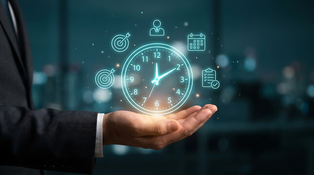 Businessman holding a digital clock interface with target, schedule and project management icons for time efficiency and business productivity planning