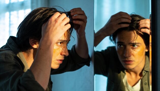 Adjusting man in olive-green shirt styling hair at home, with mirror and yellow mark, copy space