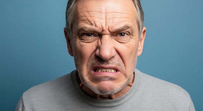 Angry Senior Man Clenching Teeth And Scowling With Intense Emotion Against A Blue Background