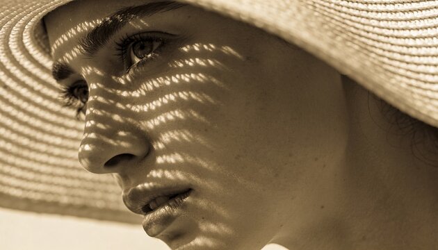 Framing adult woman wearing wide-brim woven straw hat in sun, casting striped shadow across face
