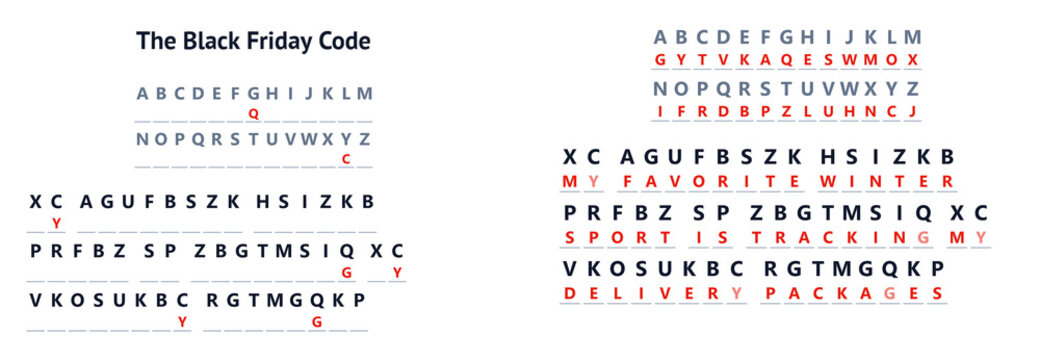 The Black Friday Code with letters and words on a white background  