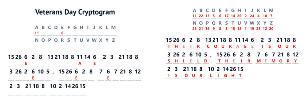 Veterans Day cryptogram puzzle with letters and numbers displayed  
