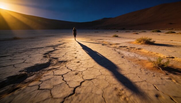 Walking lone adult wearing tee and shorts crossing cracked playa with scrub toward dunes at sunset