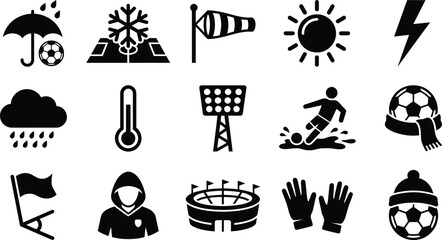 Collection of black representing soccer and weather conditions football umbrella © GR Graphics
