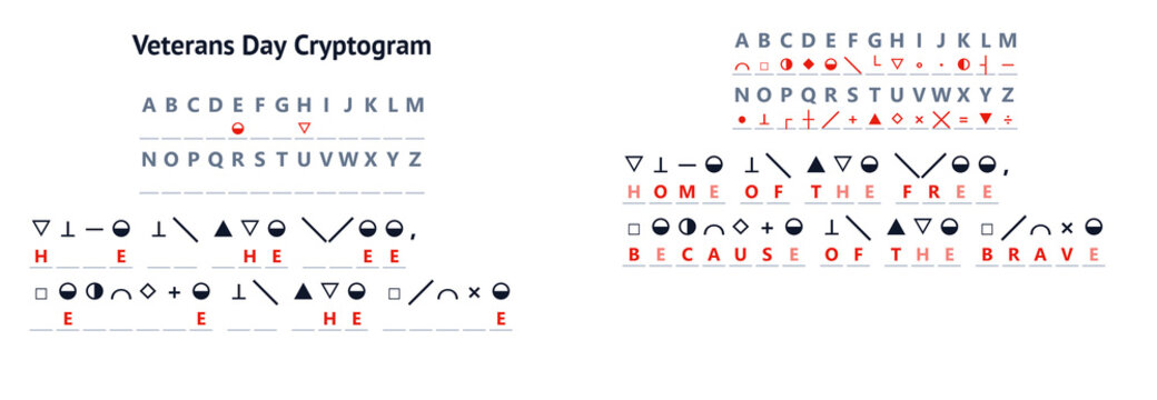 Veterans Day cryptogram with symbols and letters on white background  