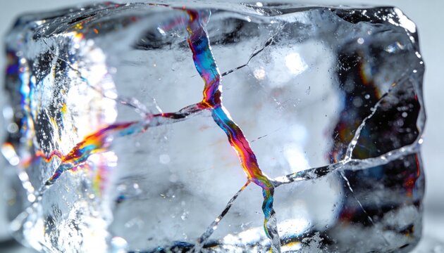 Displaying fractured ice chunk refracting light in studio closeup, with rainbow bands and droplets