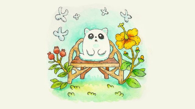 Loopable 2D animation of hand-drawn watercolor illustration. Dreamy kawaii ghost cat sitting on a bench, breathing gently. Animated moving flowers, berries and flying butterflies. Whimsical art.