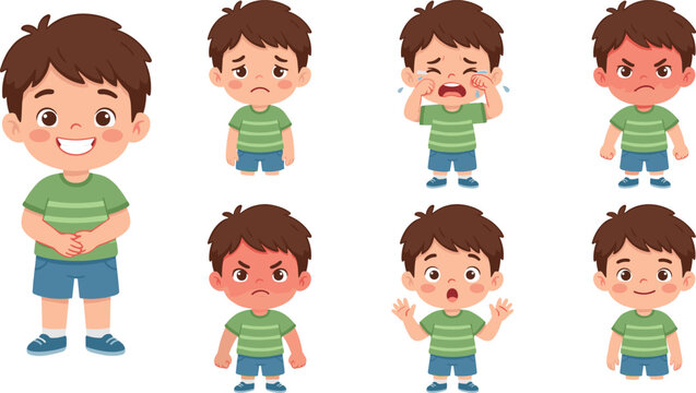 Cute Little Boy Character Expressing Various Emotions and Facial Expressions Set Showing Happy Sad Crying Angry Furious Surprised and Shy Feelings Vector Illustration
