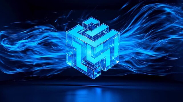 Abstract blue cubic blocks arranged in structure with swirling light effects