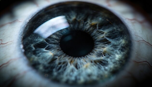 Showing single eye revealing cornea with specular highlight, iris, pupil, sclera vessels in studio