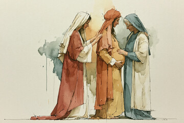 Obraz premium Visitation of Mary to Elizabeth Biblical Watercolor Illustration