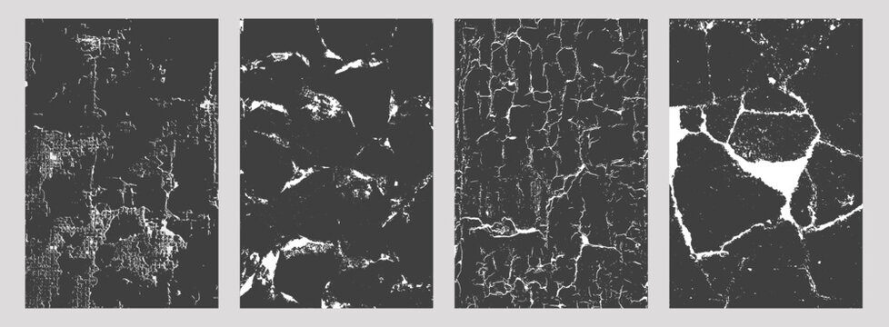 Set of four cracked and distressed surface textures, including fine fissures, rough patches, grid-like cracks, and large fragmented sections, abstract aged designs for backgrounds or overlays