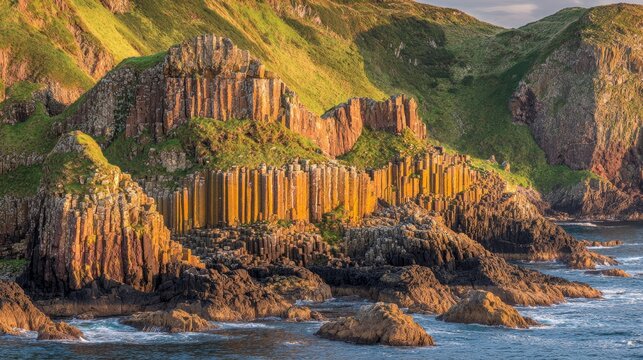 Dramatic Hexagonal Basalt Columns Formed by Nature on a Rugged Coastal Landscape