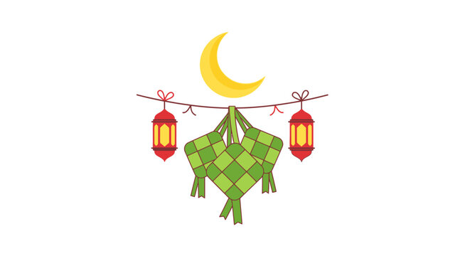Ketupat hanging on string with lanterns.