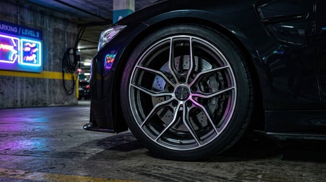 Neon lit sports car wheel in underground parking garage