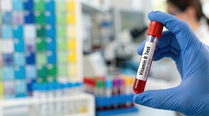 Fototapeta premium Hand holding a test tube labeled Vitamin B Test in a laboratory setting with colorful sample containers and equipment visible in the background
