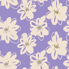 Obraz premium Seamless floral pattern with white daisies on a soft lavender background. Cute spring botanical design for fabric, wallpaper, wrapping paper and textiles