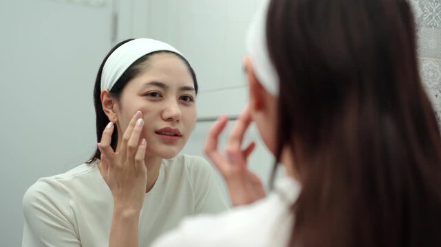 Unhappy young woman looking in mirror during morning skincare routine at home. Beauty concerns, stress, acne problem, sensitive skin and self care concept.

