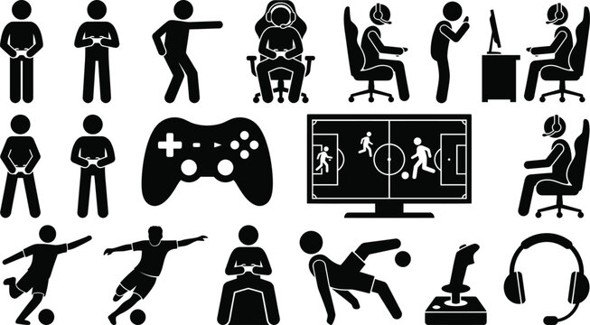 Collection of black stick figures playing games and soccer, holding controllers and joysticks