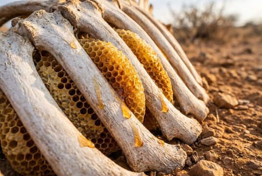 Biblical concept of life and death: golden honeycomb and sweet dripping honey inside dry animal bones. Metaphor of Samson's riddle and resurrection