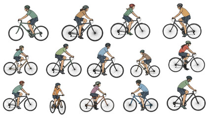 Obraz premium Cyclists riding bicycles in various poses, showcasing 2D CAD Vector illustrations of people on bikes.