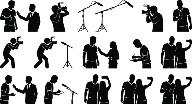 Silhouettes of people interviewing, filming, taking and selfies journalist camera