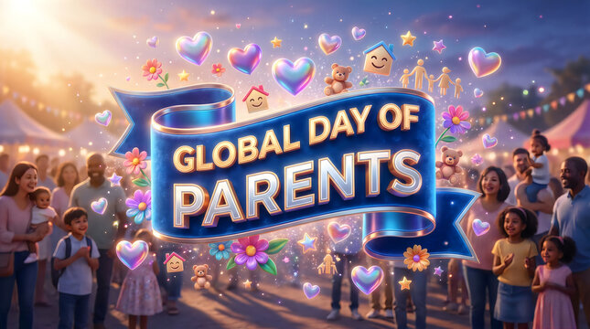 Family celebration with colorful balloons at outdoor community event during sunset
