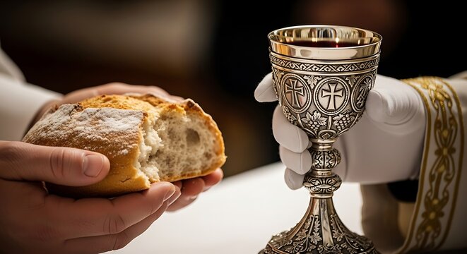 Priest holding bread and chalice for holy communion