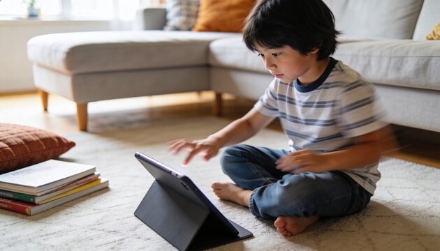 Sitting child in striped tee, jeans, watching tablet on folio stand in living room, copy space