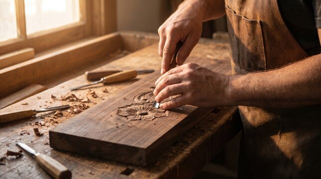 Woodworker Carving Intricate Design on Wooden Board in Workshop.
