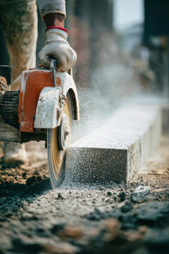Worker uses a power saw to cut a block in a construction location. Dust and debris fill the air as the tool operates on the material